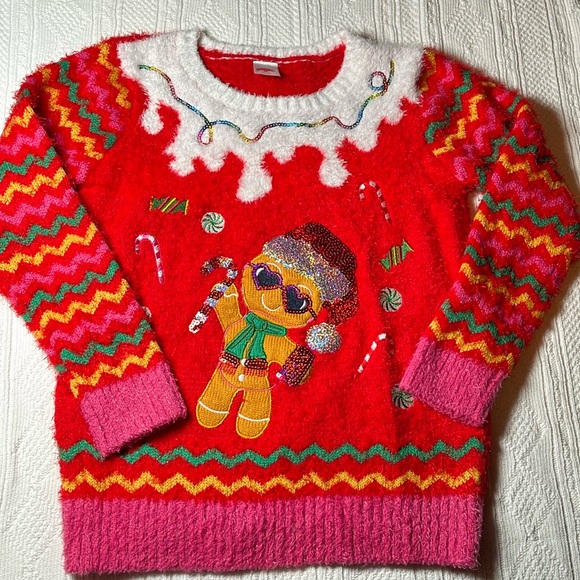 Holiday Time Sweaters - Holiday Time L (10-12) Sequined,gingerbread man,eyelash embroidered sweater. EUC